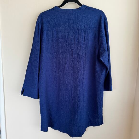 Vintage Norm Thompson Tunic Blouse Blue V-Neck Crinkle Crepe 3/4 Sleeve Sz L - Picture 6 of 6